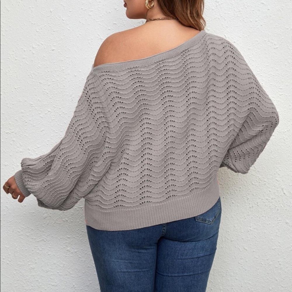 Plus Off Shoulder Asymmetrical Neck Batwing Cuff Sleeve Sweater Top - Picture 8 of 13